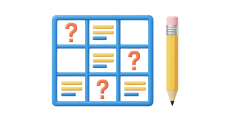Isolated quiz concept with blue grid, question mark, and yellow pencil for education test