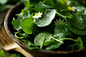Close-up of fresh spinach leaves adorned with small white flowers in rustic wooden bowl. Water droplets enhance natural freshness.
