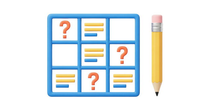 Isolated quiz concept with blue grid, question mark, and yellow pencil for education test