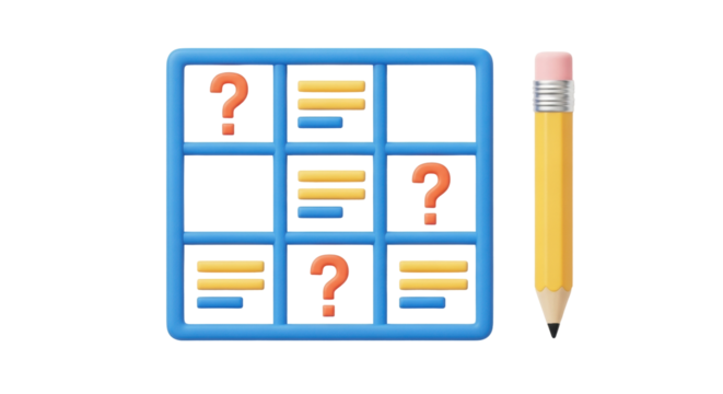 Isolated quiz concept with blue grid, question mark, and yellow pencil for education test