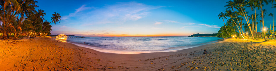 Tropical beach with coconut palm tree and colorful sunset above ocean. Summer vacation in tropical paradise concept