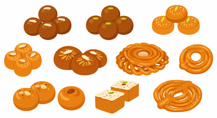 Assortment of illustrated Indian sweets and desserts on a white background