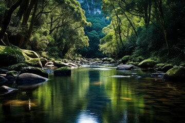 Naklejka premium Tranquil river flowing through a vibrant green forest, creating a serene and picturesque landscape