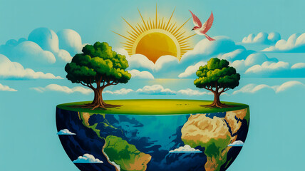 Vibrant Earth Half Globe With Two Trees Sun And Bird In Sky planet nature