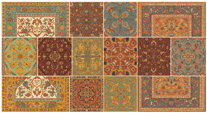 A collage of fifteen distinct antique Persian rug and textile patterns