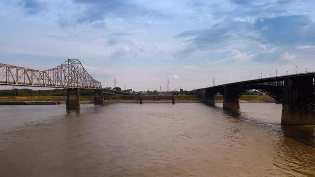 Going up over the Mississippi River in St. Louis, Missouri, USA on a cloudy day. View on the Martin Luther Bridge and Eads Bridge.