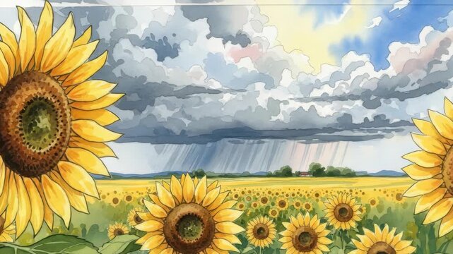 watercolor painting depicts vibrant sunflower field under dramatic sky Large sunflowers frame the view while distant rain falls from dark clouds Sunlight breaks through on the right
