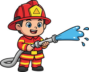 Cartoon child firefighter spraying water, red helmet uniform, heroic emergency scene, fire safety illustration, white background vector for kids education