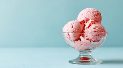 Strawberry ice cream scoop in a glass bowl, clean pastel background, natural lighting, refreshing dessert concept