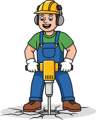 Cartoon construction worker using jackhammer, safety gear outfit, cheerful expression, cracked ground scene, white background vector illustration for kids education