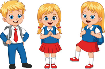 Cartoon school children with backpacks, cheerful students in uniform, vector illustration, back to school theme, education concept, white background