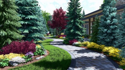 Obraz premium Lush garden path lined with vibrant flowers and trees on a sunny day in a serene landscape