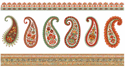 Indian paisley motifs and ornamental borders in red orange and green © Faisal