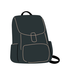 Minimalist vector illustration of a dark green backpack with black straps and gray details. Clean, modern design with geometric shapes and simple lines on transparent background