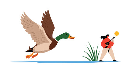A person is playing music for a duck flying over water.