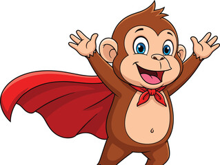 Obraz premium Cartoon superhero monkey character, red cape flying, joyful expression, energetic pose, playful animal illustration, white background vector for kids media