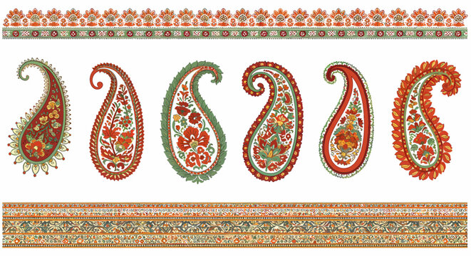 Indian paisley motifs and ornamental borders in red orange and green