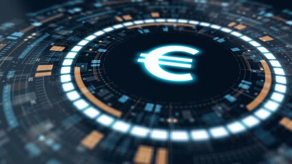 Motion graphic of glowing euro symbol inside futuristic HUD interface, representing global currency, financial technology, and digital economy. - Powered by Adobe