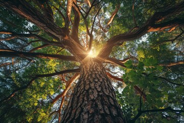 Sunlight creates starburst effect shining through canopy of tall tree in green forest