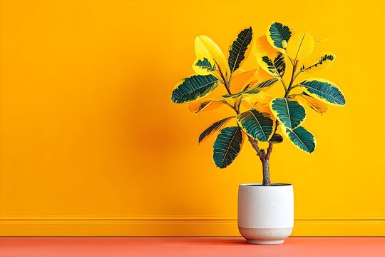 Colorful Croton Plant Against Orange Wall