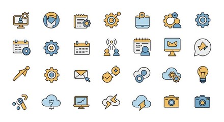 Set of colorful icon illustrations for communication business and technology