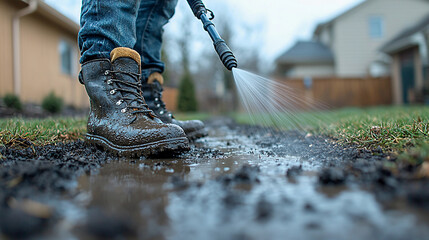 Person using a hose to clean muddy ground outdoors Generative AI