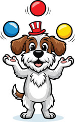 Adorable cartoon dog juggling three colorful balls wearing patriotic striped hat performing entertaining circus act vector illustration design