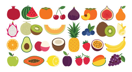 A vibrant pixel art collection of various fresh and healthy fruits for a balanced diet.