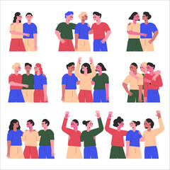 Hugging People Character Embrace Each Other Feel Warmth Vector Set