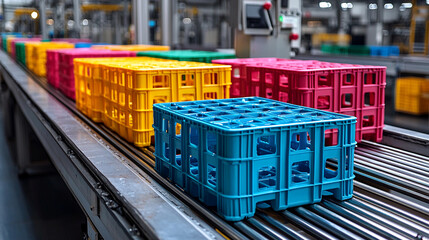 Colorful crates moving along a conveyor belt in a factory Generative AI