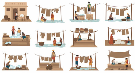 Series of vignettes depicting traditional South Asian outdoor laundry and washing scenes