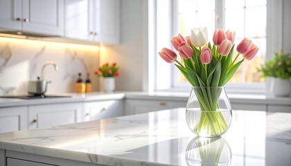 A beautiful bouquet of pink and white tulips in a glass vase on a kitchen countertop with natural light