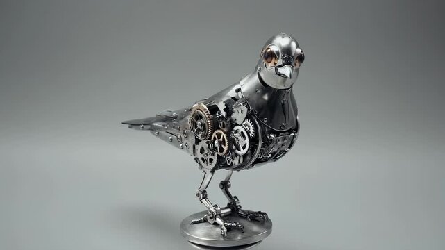 Steampunk Bird Sculpture Metal Artwork with Gears on Gray Background
