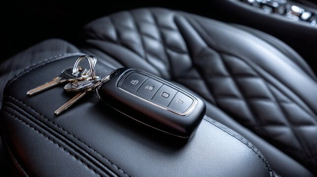 Car keys resting on a black leather seat inside a modern vehicle with sleek interior design