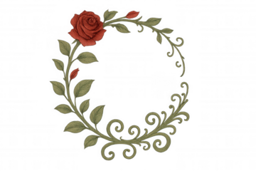 Red rose floral wreath drawing with green leaves and ornate swirling vine, transparent background