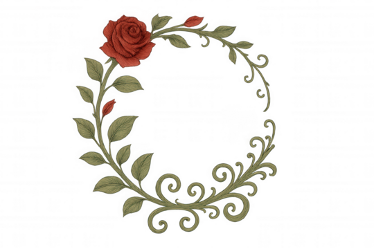 Red rose floral wreath drawing with green leaves and ornate swirling vine, transparent background