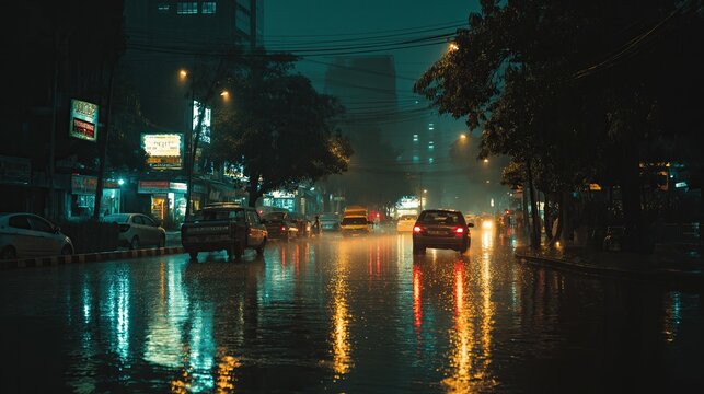 Cinematic cityscape during monsoon rain, reflections on wet streets