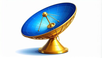 A stylized blue satellite dish with a golden frame and circular base stands isolated against a dark background