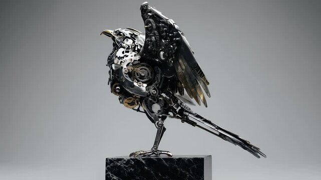 Intricate Bird Sculpture Assembled with Gears and Metallic Components with Gray Background