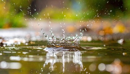 Close-up of a water droplet creating ripples in a serene pond surrounded by autumn foliage
