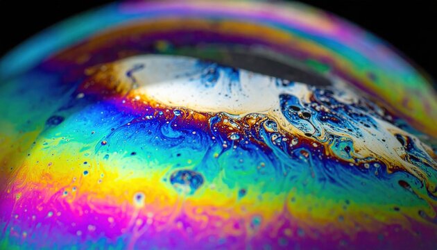 Close-up of a colorful soap bubble reflecting vibrant hues and intricate patterns against a dark background