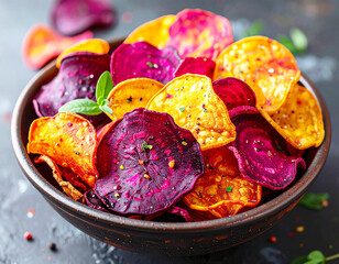 Bowl of crispy colorful beetroot chips and sweet potato chips. AI