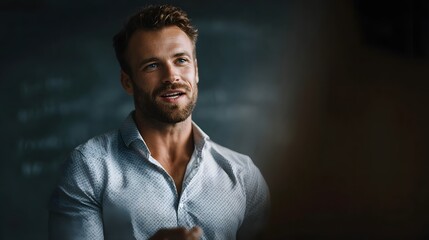 A confident professional man presenting an idea in a softly lit dark setting