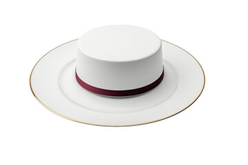 Elegant white dessert with maroon ribbon on gold plate