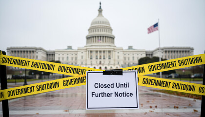 Fototapeta na wymiar The image shows the U.S. Capitol building surrounded by caution tape, indicating a government shutdown with a sign stating 
