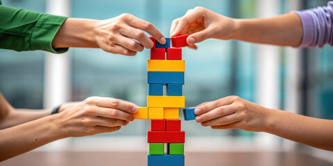 Four hands collaboratively build colorful tower using interlocking plastic blocks, symbolizing teamwork and cooperation