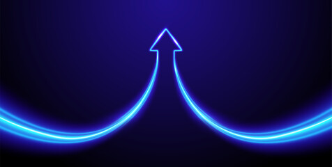 Blue glowing arrow up. Neon lines combining upward. Symbol of growth, synergy, success. Futuristic tech concept on dark gradient background.