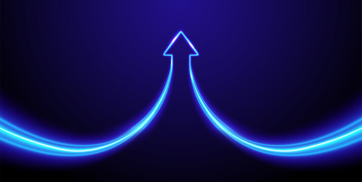 Blue glowing arrow up. Neon lines combining upward. Symbol of growth, synergy, success. Futuristic tech concept on dark gradient background.