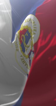 Flag of Republika Srpska with Arms Coat. 4K Vertical. Loop