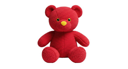 Isolated red teddy bear, soft plush toy with button nose, stuffed animal on display